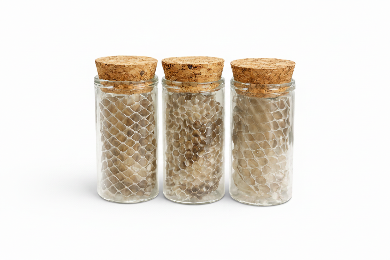 Three glass jars with cork lids on a white background with snake shed skin 