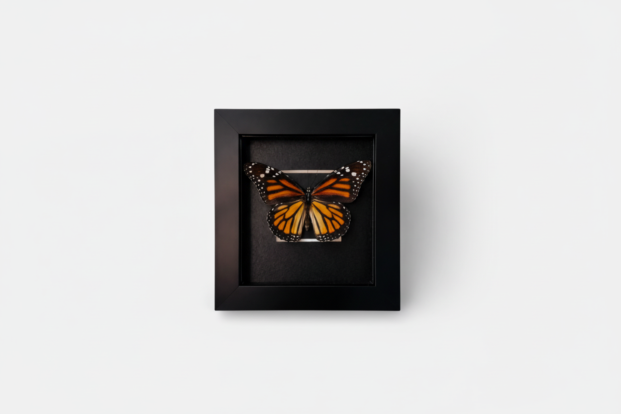 Framed Monarch Butterfly (Danaus plexippus) Specimen in 4x4" Black Shadow Box