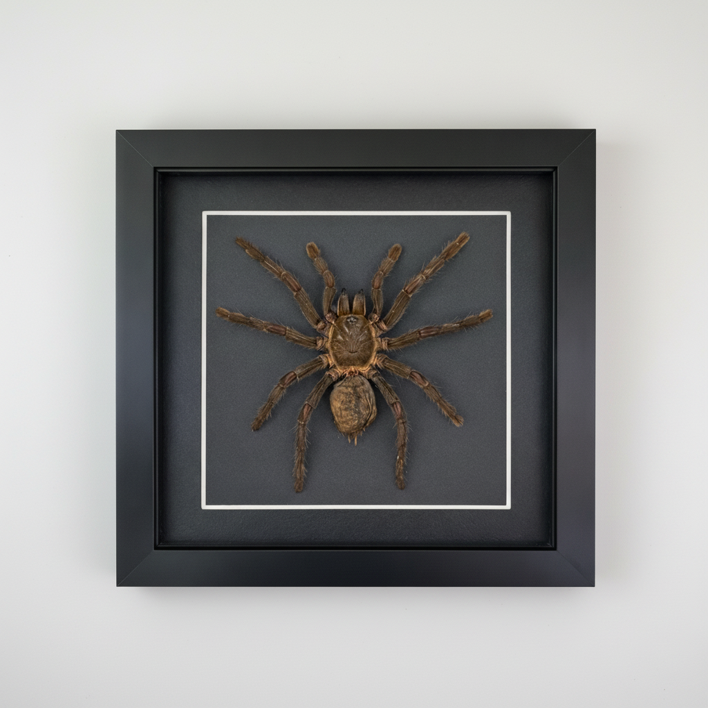 Framed tarantula on a gray background