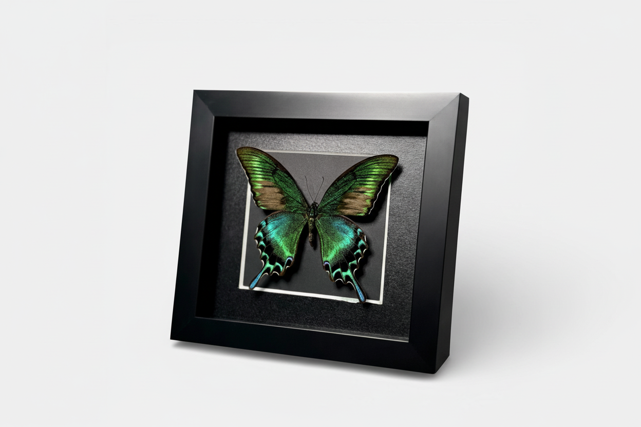 Framed butterfly with green and brown wings on a white background