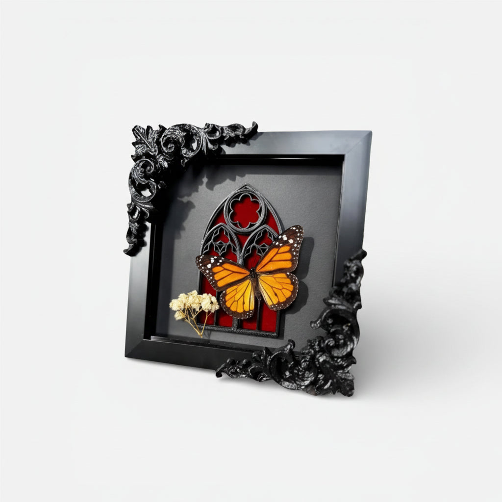 Framed artwork with butterfly design on a white background